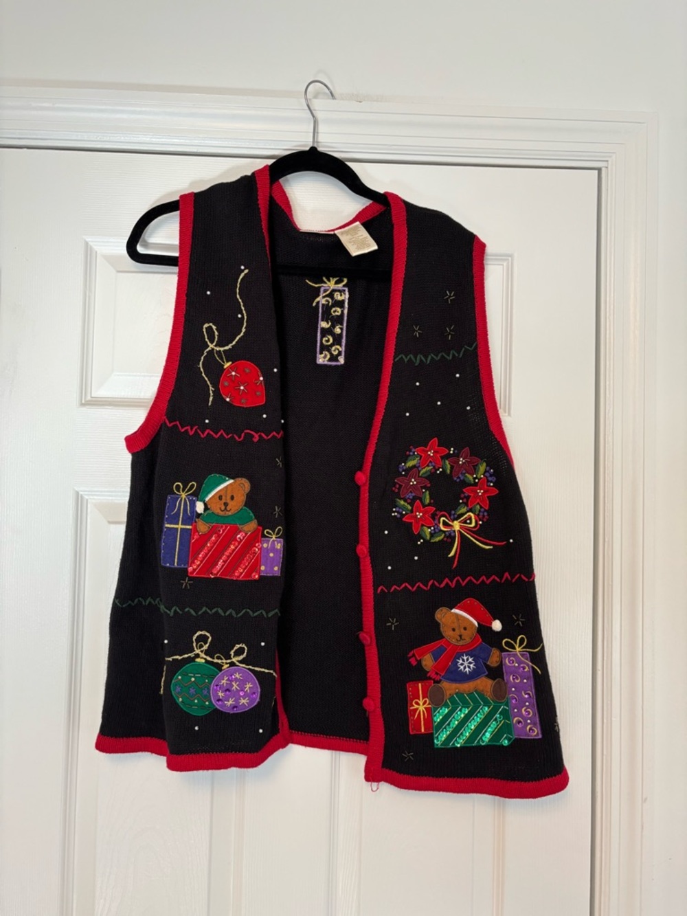 Vintage Bobbie Brooks Novelty Christmas Sweater Vest L Teddy Bear Holiday